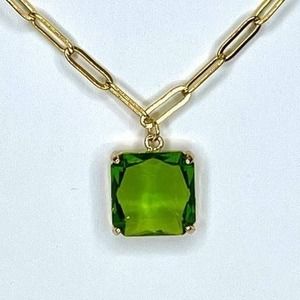 NEW Paperclip Chain Necklace 16" 18" 20" Green Faceted Glass Pendant Trendy J12